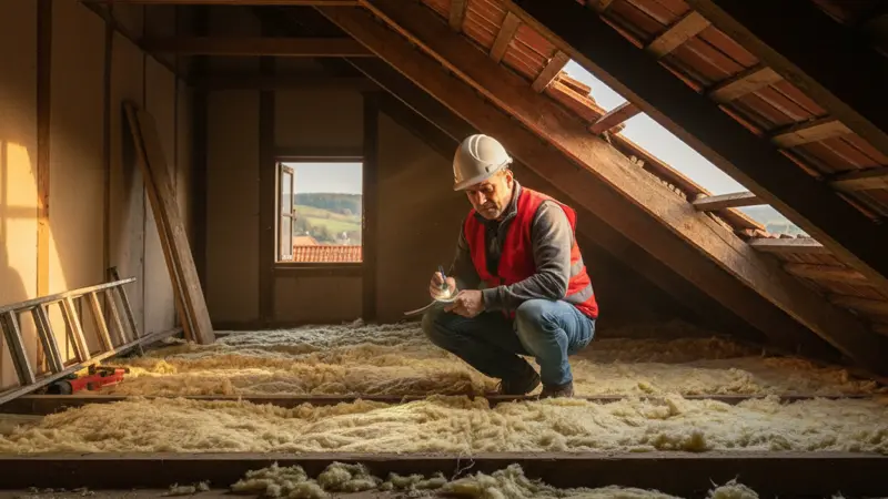 Inspektor prüft die Dämmung im Dachbereich eines deutschen Hauses mit Klemmbrett