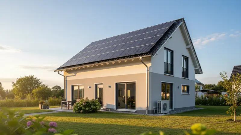 Modern saniertes deutsches Einfamilienhaus mit neuen Fenstern, Außendämmung und Solaranlage auf dem Dach