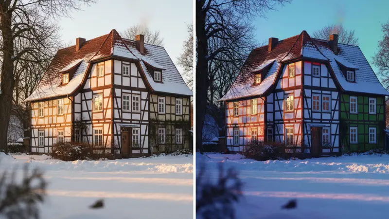 Thermografie-Aufnahme eines deutschen Einfamilienhauses mit sichtbaren Wärmeverlusten in Rot und Orange