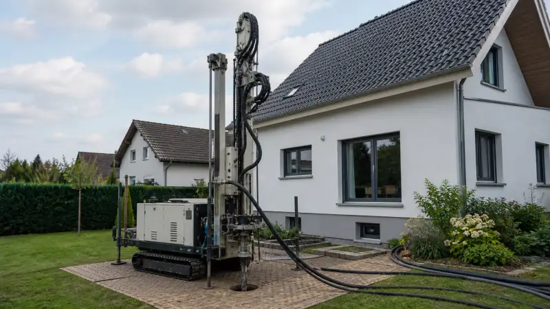 Unbeschriftetes Bohrgerät für eine Erdsonde auf einem deutschen Einfamilienhaus-Grundstück
