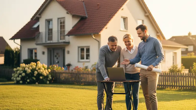 Energieberater im Gespräch mit einem Hauseigentümer vor einem Einfamilienhaus