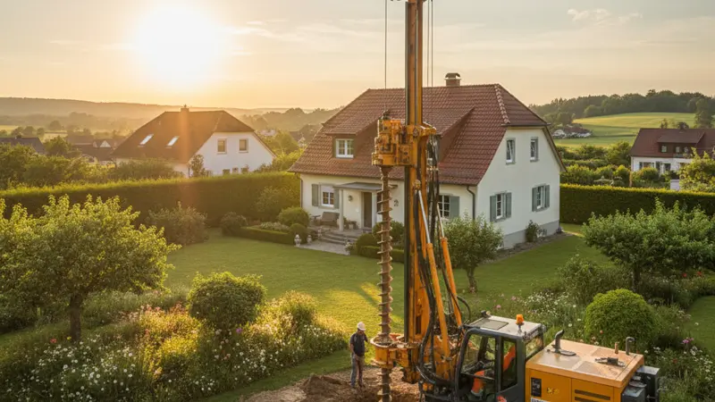 Erdwärmebohrung auf einem Grundstück vor einem deutschen Einfamilienhaus mit Bohrgerät