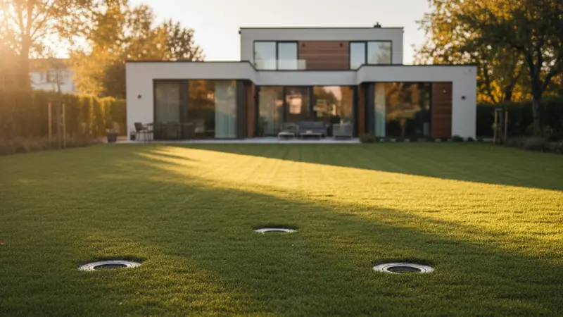 Fertiggestellte Erdwärmeanlage im Garten eines modernen deutschen Einfamilienhauses