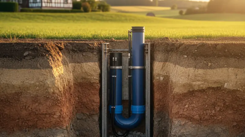 Qürschnitt einer Erdwärmesonde im Erdreich mit sichtbaren geologischen Schichten