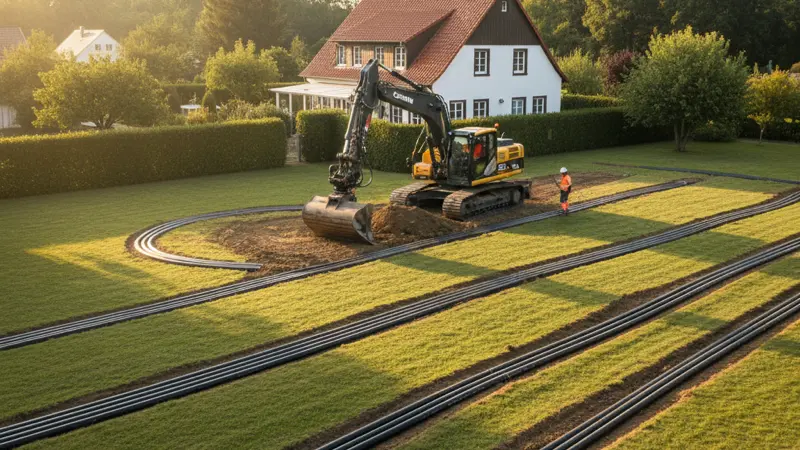 Verlegung von PE-Rohren für einen Erdwärme-Flächenkollektor im Garten eines Einfamilienhauses