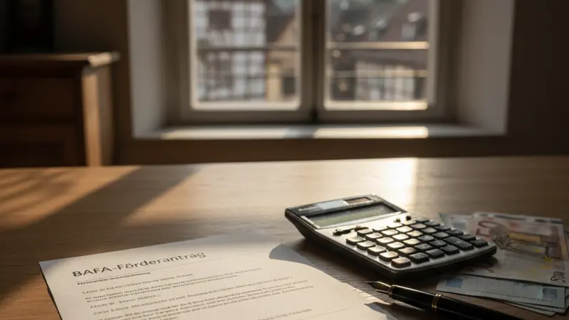 BAFA-Förderantrag auf einem Schreibtisch mit Taschenrechner und Dokumenten