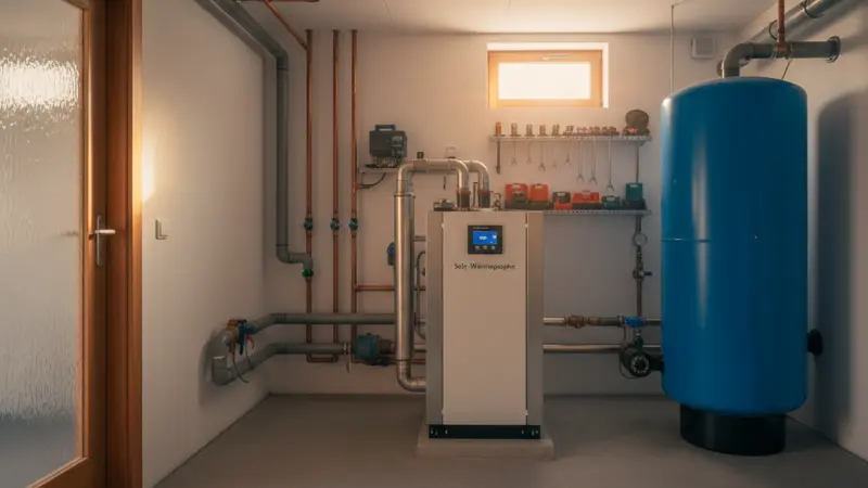 Sole-Wärmepumpe im Heizungskeller eines deutschen Einfamilienhauses mit Rohrleitungen und Pufferspeicher