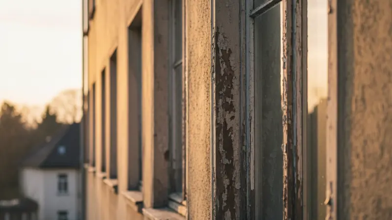Alte Holzfenster mit abblätternder Farbe an einem deutschen Altbau, sichtbarer Sanierungsbedarf