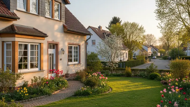 Deutsches Einfamilienhaus mit verschiedenen Fenstertypen in der Fassade