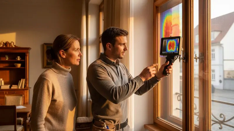 Energieberater prüft ein altes Fenster mit einer Wärmebildkamera, Thermografie zeigt Wärmeverlust