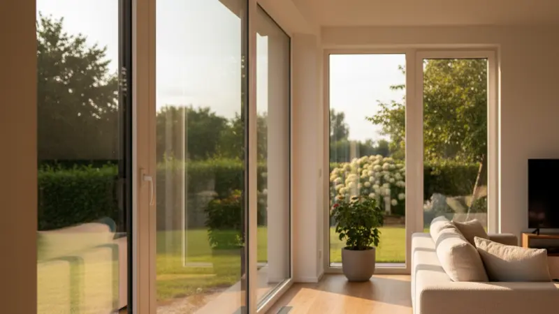 Moderne dreifach verglaste Fenster in einem deutschen Einfamilienhaus mit Blick in den Garten