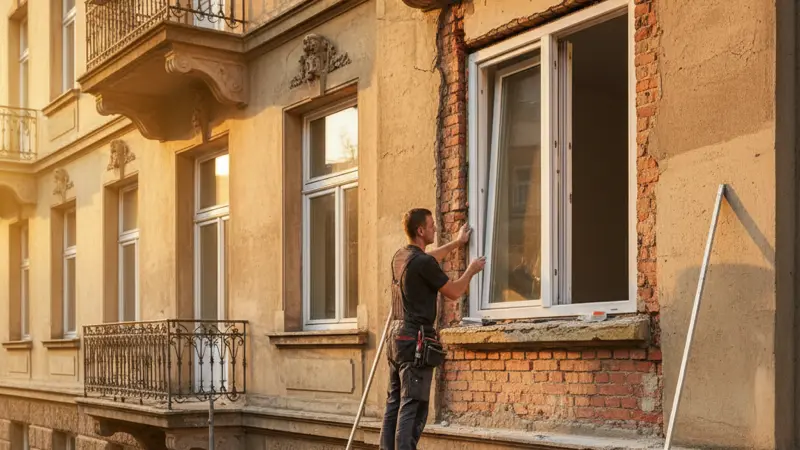 Fensterbauer montiert ein neues Kunststofffenster in einem deutschen Altbau