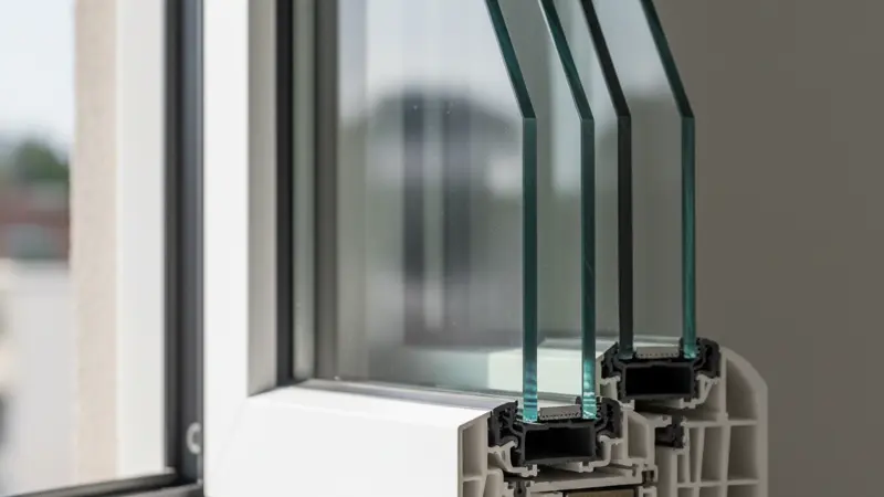 Querschnitt eines dreifach verglasten Fensters mit sichtbarer Dichtung und Glasaufbau