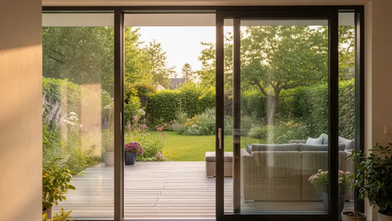 Moderne Terrassentür mit Dreifachverglasung in einem deutschen Wohnhaus mit Blick auf Terrasse und Garten