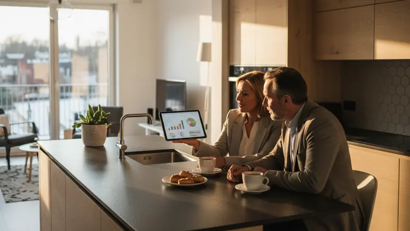 Energieberater berät Hauseigentümer am Küchentisch