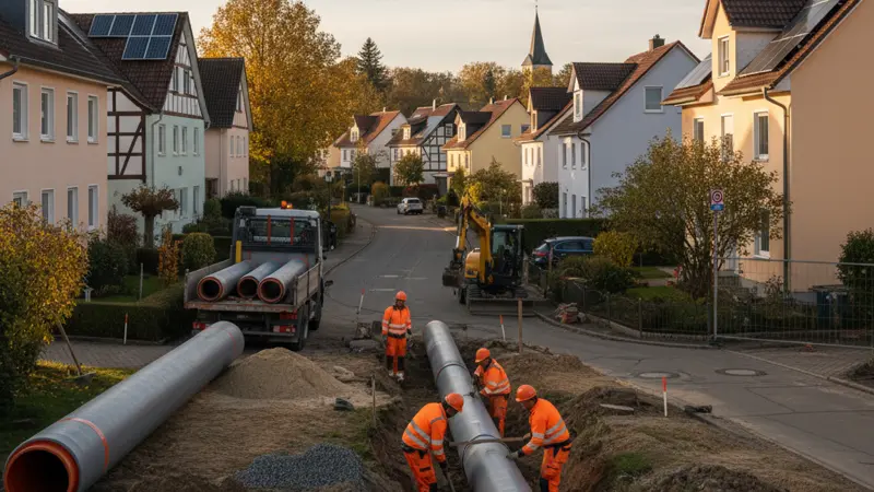 Verlegung von Fernwärmerohren in einer deutschen Wohnsiedlung