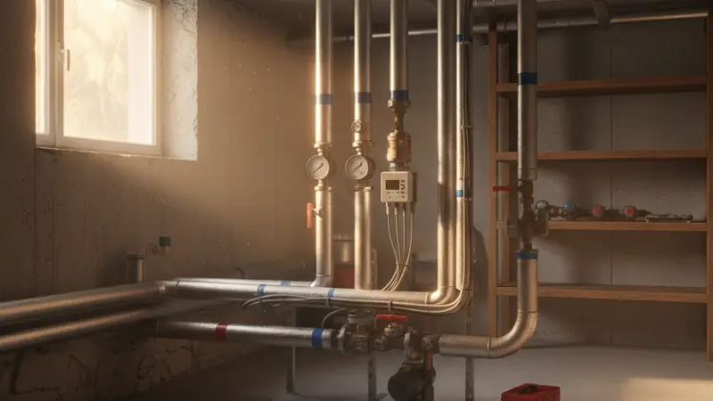Fernwärme-Übergabestation im Keller eines deutschen Einfamilienhauses