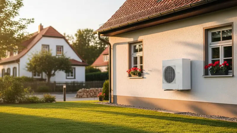 Moderne Wärmepumpe vor einem deutschen Einfamilienhaus