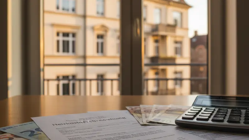 Heizkostenabrechnung und Taschenrechner auf einem Schreibtisch