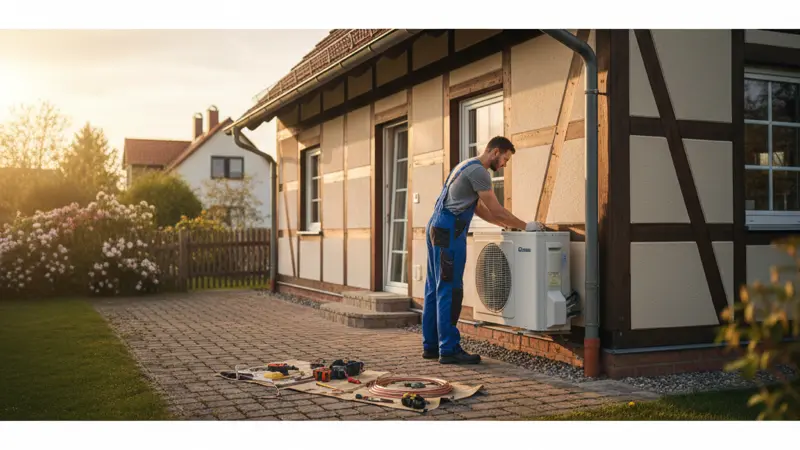 Fachbetrieb installiert Wärmepumpe an einem deutschen Einfamilienhaus