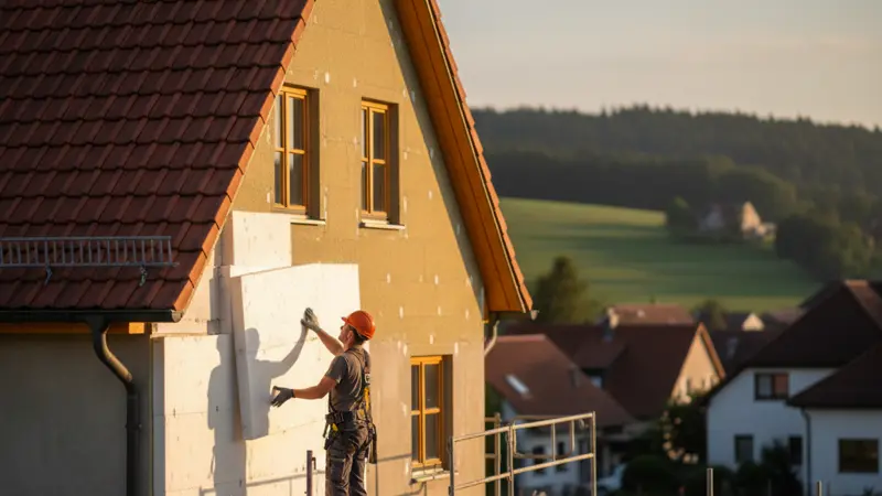 Handwerker bringt Wärmedämmverbundsystem an der Außenwand eines Einfamilienhauses an