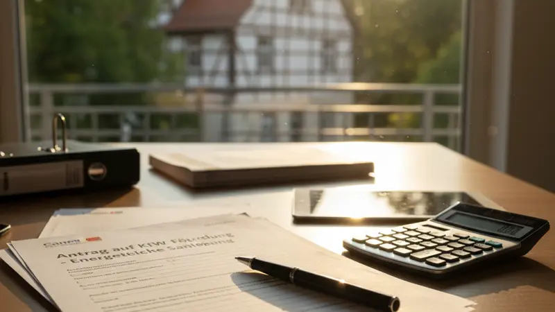 Förderantrag auf einem Schreibtisch mit Stift, Taschenrechner und Unterlagen zur Haussanierung