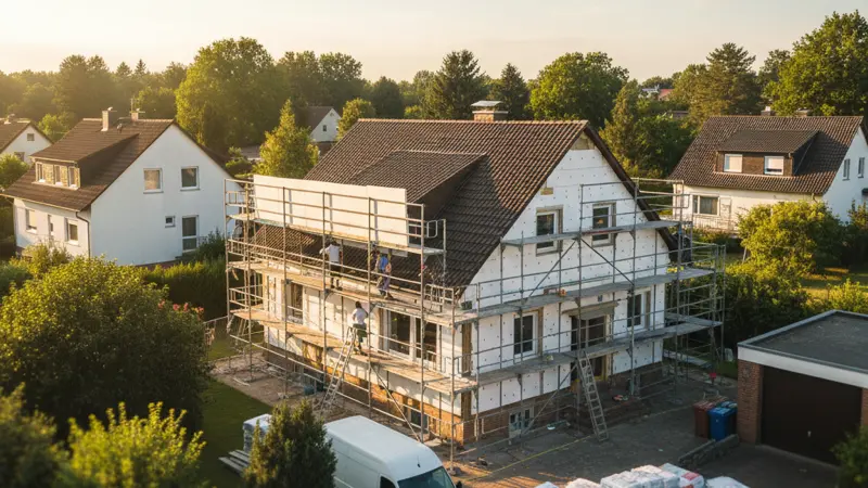 Einfamilienhaus mit Baugerüst während einer energetischen Sanierung in Deutschland