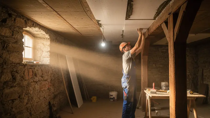 Dämmplatten werden unter eine Kellerdecke eines Altbaus geklebt