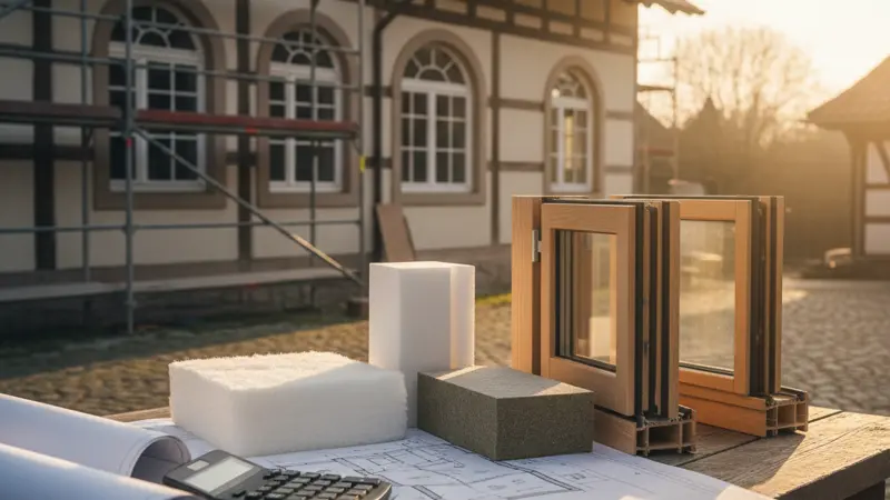 Taschenrechner und Baupläne auf einem Tisch neben Dämmmaterial und Fenstermustern