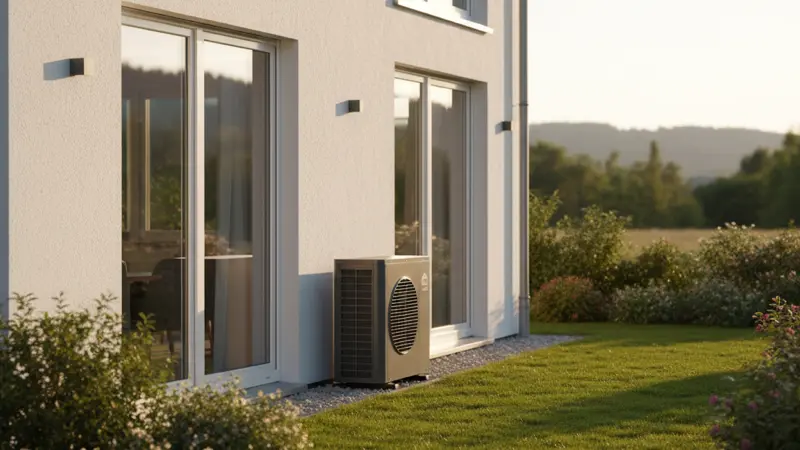 Luft-Wasser-Wärmepumpe vor einem frisch sanierten Einfamilienhaus mit neuer Fassade