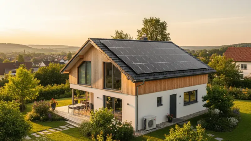 Energieeffizientes Haus mit Wärmepumpe und Solaranlage auf dem Dach in Deutschland