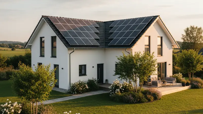 Modernes Einfamilienhaus mit Solaranlage auf dem Dach und gepflegtem Garten in Deutschland