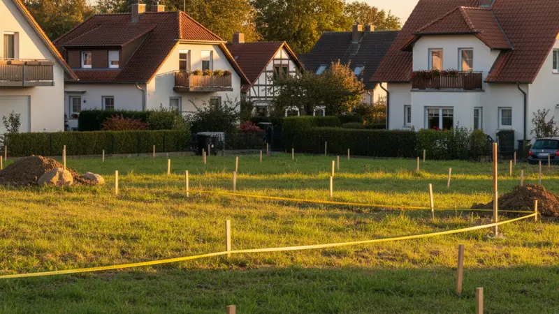 Leerer Bauplatz mit Vermessungspflöcken in einer deutschen Wohnsiedlung