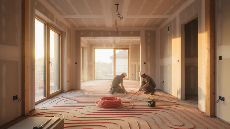 Innenausbau eines Neubaus mit sichtbaren Elektroleitungen und Trockenbauwänden