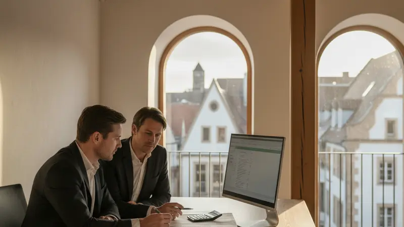 Architekt und Bauherr besprechen Bauplan und Kostenaufstellung am Schreibtisch