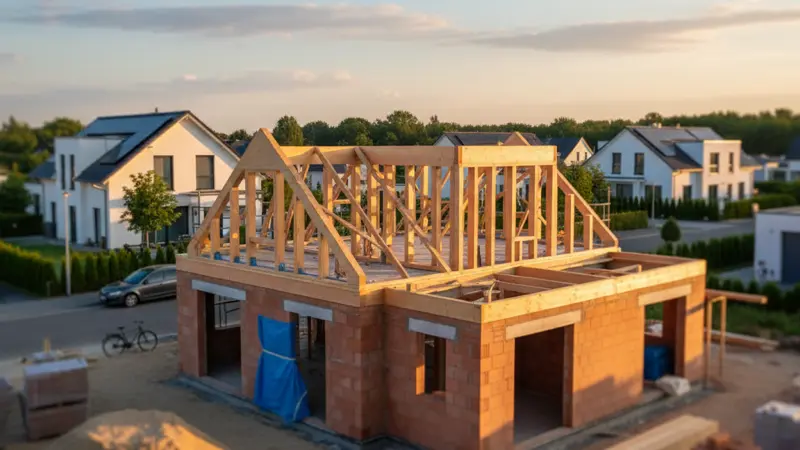 Einfamilienhaus im Rohbau mit sichtbarem Mauerwerk und Dachstuhl in Deutschland