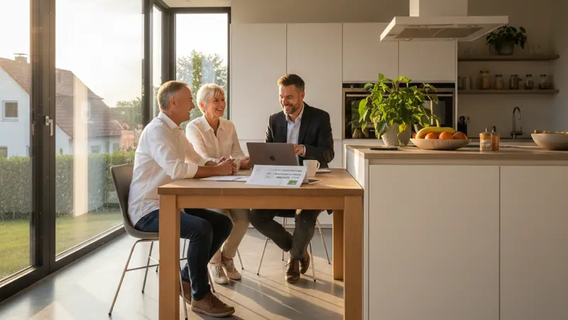 Energieberater berät ein Ehepaar über Fördermittel am Küchentisch