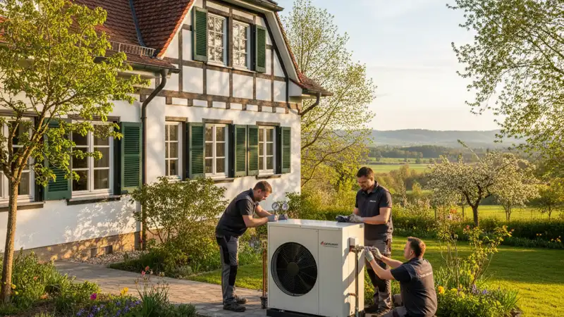 Professionelle Installation einer Luft-Wasser-Wärmepumpe vor einem deutschen Einfamilienhaus