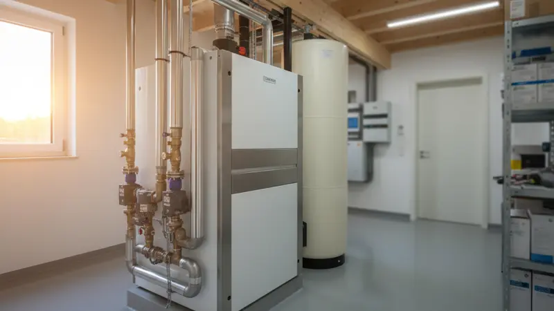Moderner Heizungskeller mit Wärmepumpe und Pufferspeicher