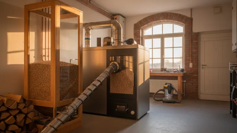 Pelletheizung mit Pelletlager in einem deutschen Heizungskeller
