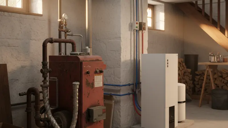 Alte Gasheizung im Keller wird gegen moderne Wärmepumpe ausgetauscht
