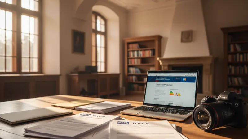 BAFA Förderantrag Dokumente auf Schreibtisch mit Laptop