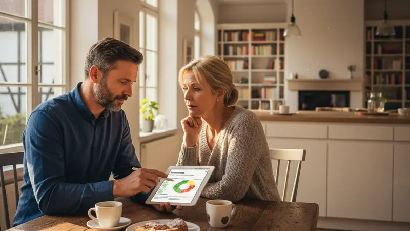 Energieberater im Gespräch mit Hauseigentümer am Küchentisch