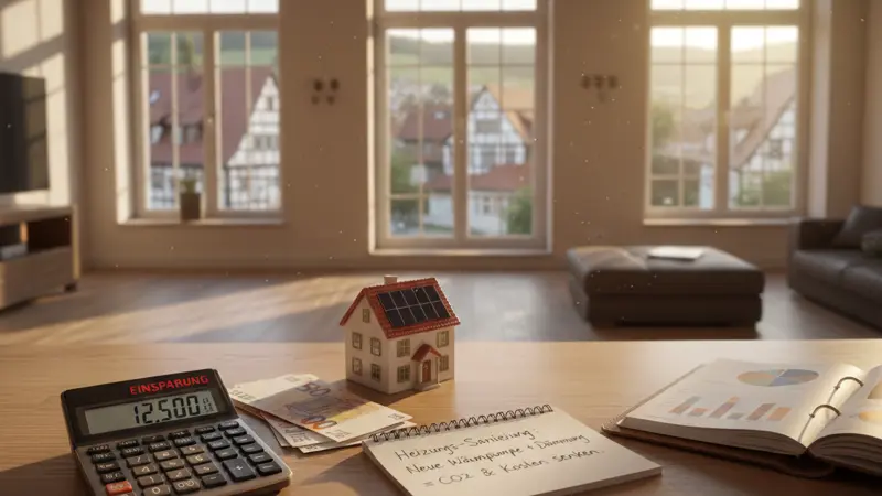 Taschenrechner mit Euro-Scheinen und Miniaturhaus zur Berechnung der Heizungsförderung