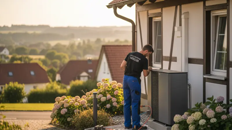 Techniker installiert moderne Wärmepumpe an einem deutschen Einfamilienhaus