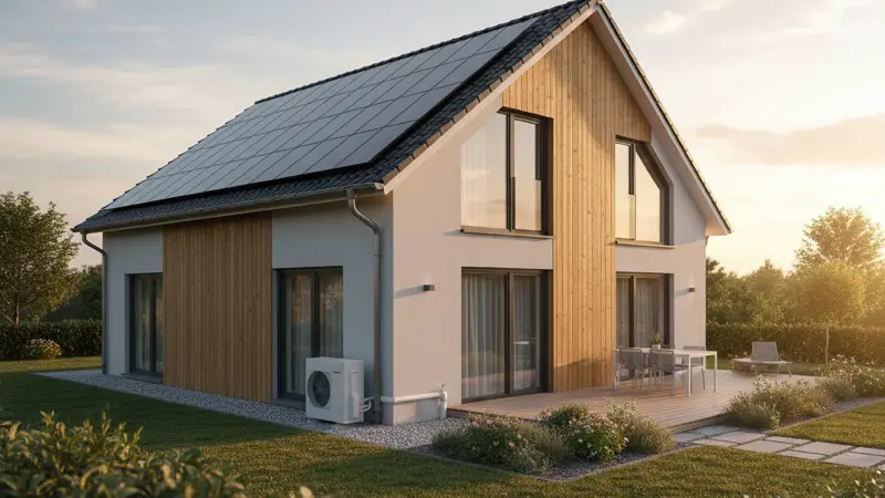 Modernes deutsches Einfamilienhaus mit Solarpaneelen und Wärmepumpe