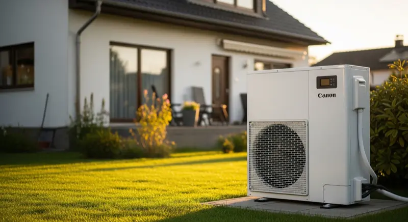 Moderne Wärmepumpe vor einem Einfamilienhaus mit Garten