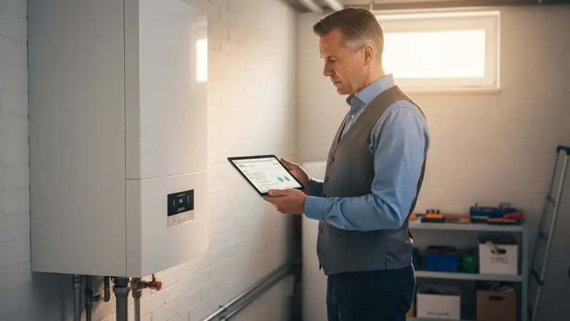 Energieberater prüft eine Heizungsanlage mit Tablet