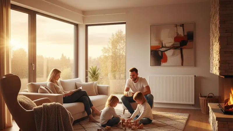 Familie in einem gleichmäßig beheizten Wohnzimmer mit sichtbarem Heizkörper