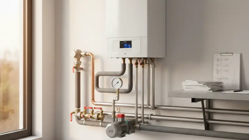 Moderne Heizungsanlage mit Wärmepumpe, Umwälzpumpe und Regelungstechnik im Technikraum